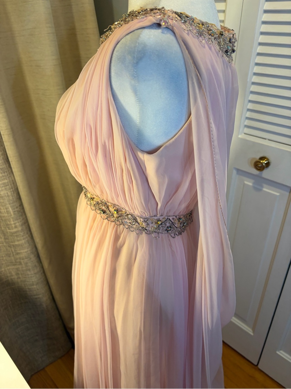 Union Made Vintage One-Shoulder Pale Pink Chiffon Gown with Beaded Embellishment - Picture 5 of 14